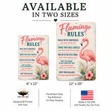Load image into Gallery viewer, Flamingo Rules aluminum sign available in 8x12 inch and 12x18 inch sizes for beach house and coastal décor
