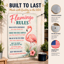Load image into Gallery viewer, Flamingo Rules aluminum sign showing durable construction, pre-drilled mounting holes, and Made in USA craftsmanship

