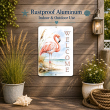 Load image into Gallery viewer, Flamingo coastal aluminum sign with durable indoor outdoor beach decor features
