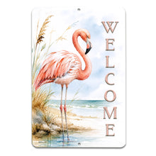 Load image into Gallery viewer, Flamingo welcome beach metal sign featuring tropical coastal bird artwork and seaside decor
