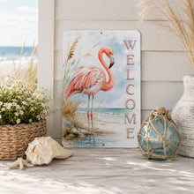 Load image into Gallery viewer, Flamingo welcome beach sign displayed in coastal home with tropical beach decor
