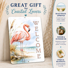 Load image into Gallery viewer, Pink flamingo coastal welcome sign displayed on porch with tropical beach cottage styling
