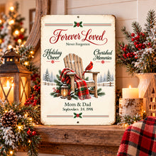 Load image into Gallery viewer, Forever Loved metal memorial plaque arranged in a festive home with Christmas decorations, featuring a cardinal and personalized loved one dedication.
