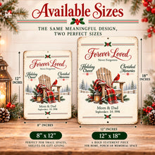 Load image into Gallery viewer, Christmas cardinal remembrance wall sign shown in 8 by 12 and 12 by 18 inch sizes, with a vintage rocking chair design and custom memorial wording.
