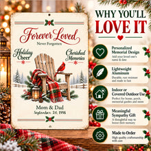 Load image into Gallery viewer, Holiday sympathy keepsake sign with illustrated cardinal and empty chair, highlighting personalized details and decorative aluminum construction.

