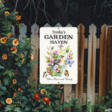 Load image into Gallery viewer, Dyenamic Art garden name sign displayed on wooden fence
