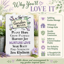 Load image into Gallery viewer, Why You’ll Love It graphic highlighting the Garden Rules sign’s uplifting message, aluminum construction, easy hanging, and gift appeal.
