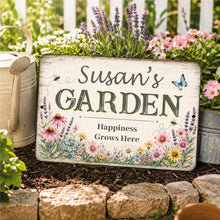 Load image into Gallery viewer, Custom garden sign displayed outdoors in flower bed beside lavender and watering can

