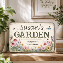 Load image into Gallery viewer, Personalized cottage garden sign displayed indoors beside plants and rustic farmhouse decor
