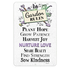 Load image into Gallery viewer, Garden Rules metal sign featuring uplifting sayings, whimsical gardening tools, plants, and green and lavender accents.
