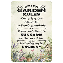 Load image into Gallery viewer, Plant Seeds of Hope garden metal sign with inspirational Garden Rules and floral artwork
