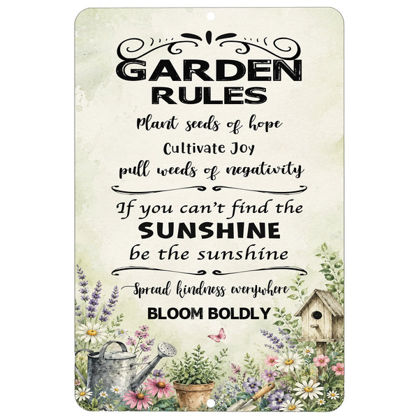 Plant Seeds of Hope garden metal sign with inspirational Garden Rules and floral artwork