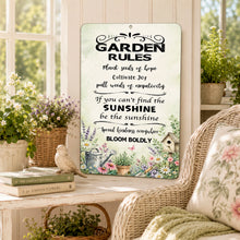 Load image into Gallery viewer, Floral Garden Rules metal sign displayed in a cozy garden-inspired home setting
