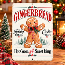 Load image into Gallery viewer, Cheerful gingerbread cookie metal wall art styled with Christmas lights, red plaid accents, and festive decorations in a cozy holiday setting.
