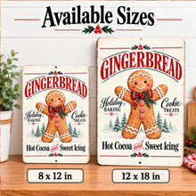 Load image into Gallery viewer, Gingerbread Christmas kitchen wall sign shown in 8 by 12 inch and 12 by 18 inch sizes, featuring cheerful baking and hot cocoa artwork.
