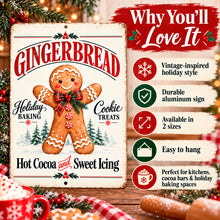 Load image into Gallery viewer, Retro gingerbread holiday metal sign with product highlights including lightweight aluminum, vibrant sublimation printing, and easy hanging.

