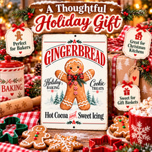 Load image into Gallery viewer, Gingerbread Christmas metal sign presented as a festive gift idea for home bakers, cookie lovers, holiday hosts, and kitchen decorating enthusiasts.
