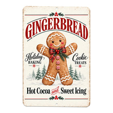 Load image into Gallery viewer, Vintage gingerbread Christmas metal sign featuring a smiling gingerbread cookie, red lettering, holiday baking sayings, and a distressed cream background.
