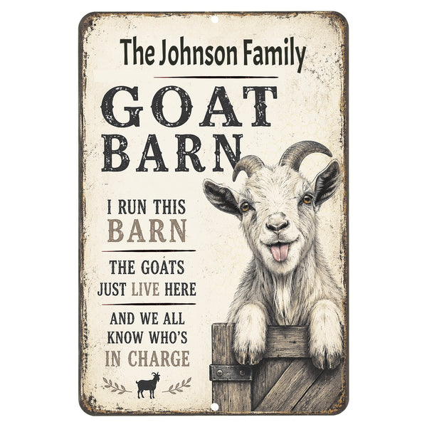 Personalized goat barn metal sign with funny farmhouse saying and goat illustration by Dyenamic Art