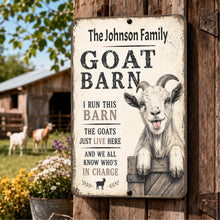 Load image into Gallery viewer, Personalized goat barn sign mounted on rustic barn wall with farmhouse goat decor setting
