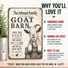 Load image into Gallery viewer, Farmhouse goat sign infographic showing durable aluminum construction and rustic country decor style
