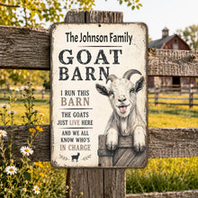 Load image into Gallery viewer, Custom goat barn aluminum sign displayed on wooden fence in country farmhouse setting
