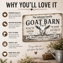 Load image into Gallery viewer, Why you’ll love it personalized goat barn sign featuring durable aluminum, weather resistant farmhouse décor, and easy hanging design
