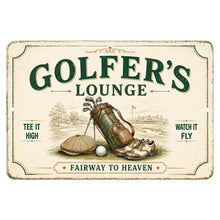 Load image into Gallery viewer, Vintage Golfer's Lounge aluminum sign with crossed golf clubs and golf ball for man cave décor
