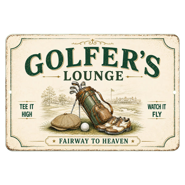Vintage Golfer's Lounge aluminum sign with crossed golf clubs and golf ball for man cave décor