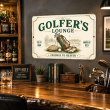 Load image into Gallery viewer, Golfer's Lounge vintage aluminum golf sign displayed above a home bar with golf accessories.
