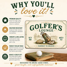 Load image into Gallery viewer, A promotional graphic for a novelty golf-themed metal sign. The sign reads 'GOLFER'S LOUNGE' with illustrations of a golf bag, golf ball, club, and fairway scenery.
