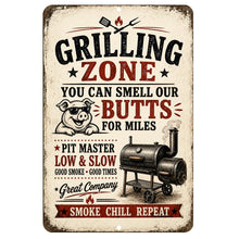 Load image into Gallery viewer, Grilling Zone metal sign with funny pig, pitmaster sayings and smoker artwork
