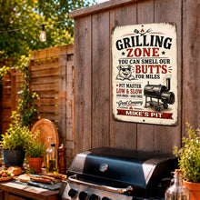 Load image into Gallery viewer, Personalized Grilling Zone BBQ sign displayed above an outdoor grill
