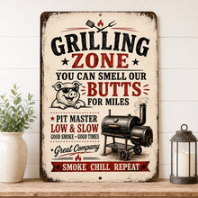 Load image into Gallery viewer, Grilling Zone BBQ metal sign displayed on a shelf in a simple setting
