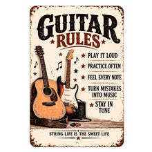 Load image into Gallery viewer, Guitar Rules metal sign on a white background featuring acoustic and electric guitars, a small amplifier, musical notes, and five inspirational guitar-playing rules.
