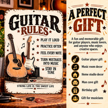 Load image into Gallery viewer, Guitar-themed metal sign presented as a gift idea for beginner guitarists, music students, guitar teachers, and children learning to play guitar.

