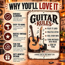 Load image into Gallery viewer, Guitar-themed metal wall sign with product benefits highlighting inspirational practice rules, lightweight aluminum, vibrant printing, and easy hanging.
