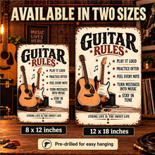 Load image into Gallery viewer, Guitar Rules aluminum sign shown in 8 by 12 inch and 12 by 18 inch sizes with vintage lettering, guitar artwork, and music practice reminders.

