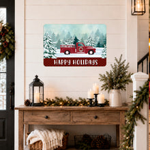 Load image into Gallery viewer, Happy Holidays red truck Christmas metal sign displayed in a cozy farmhouse home
