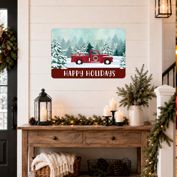 Happy Holidays red truck Christmas metal sign displayed in a cozy farmhouse home