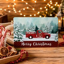 Load image into Gallery viewer, Merry Christmas red truck metal sign with candy canes and warm holiday lights on a rustic wood table
