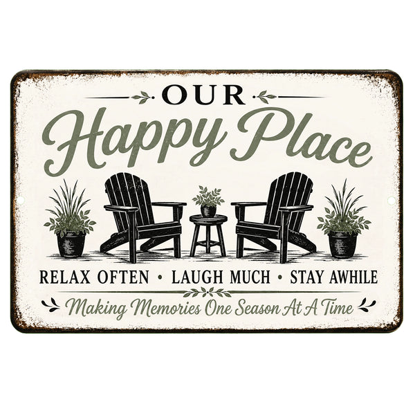 Our Happy Place farmhouse metal sign featuring Adirondack chairs and sage green accents for porch patio deck and family gathering spaces