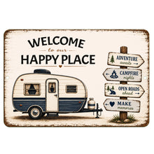 Load image into Gallery viewer, Welcome To Our Happy Place camper sign with blue vintage camper and camping directional signs metal wall decor
