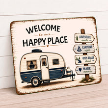 Load image into Gallery viewer, Welcome To Our Happy Place blue camper metal sign suitable for indoor and outdoor display

