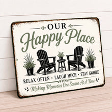 Load image into Gallery viewer, Our Happy Place farmhouse metal sign with Adirondack chairs sage green accents and rustic farmhouse design
