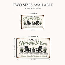 Load image into Gallery viewer, Two sizes of 'Our Happy Place' horizontal signs with dimensions and text.

