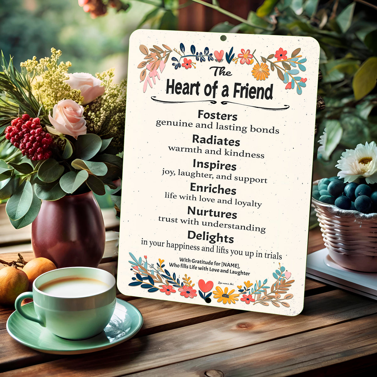 Personalized Heart of a Friend metal sign featuring six heartfelt sayings about friendship. Made from durable aluminum, customizable with a name or message. A perfect sentimental gift for best friends, long-distance friendships, or special occasions. By Dyenamic Art