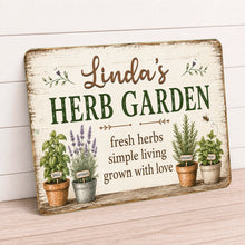 Load image into Gallery viewer, Personalized herb garden metal sign with basil lavender rosemary and mint artwork
