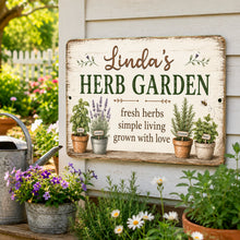 Load image into Gallery viewer, Personalized herb garden wall sign displayed outdoors near flowers and garden decor
