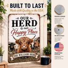 Load image into Gallery viewer, Durable aluminum personalized Highland cow metal sign features and quality infographic made in the USA
